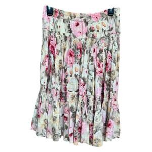 Vintage 1980s Passports Pier 1 Floral Skirt Pink Brown Rayon Cotton Boho Tiers